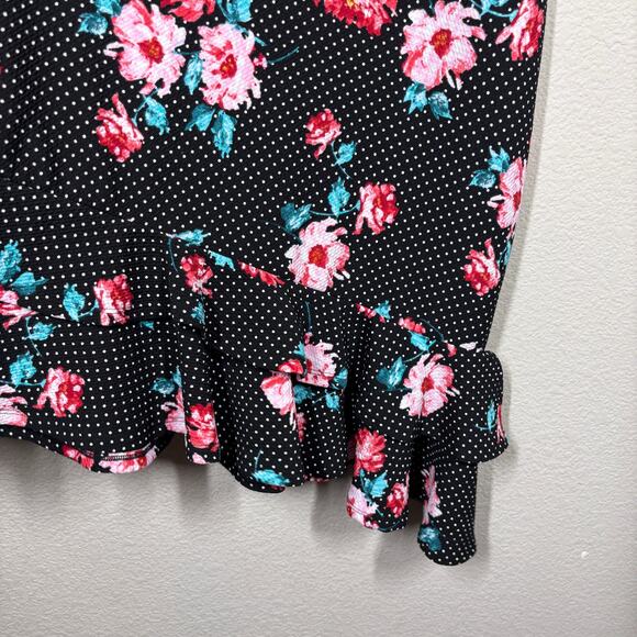 Bobeau Large Asymmetric Ruffled Midi A Line Skirt Black Dot Floral High Waisted - Picture 5 of 9